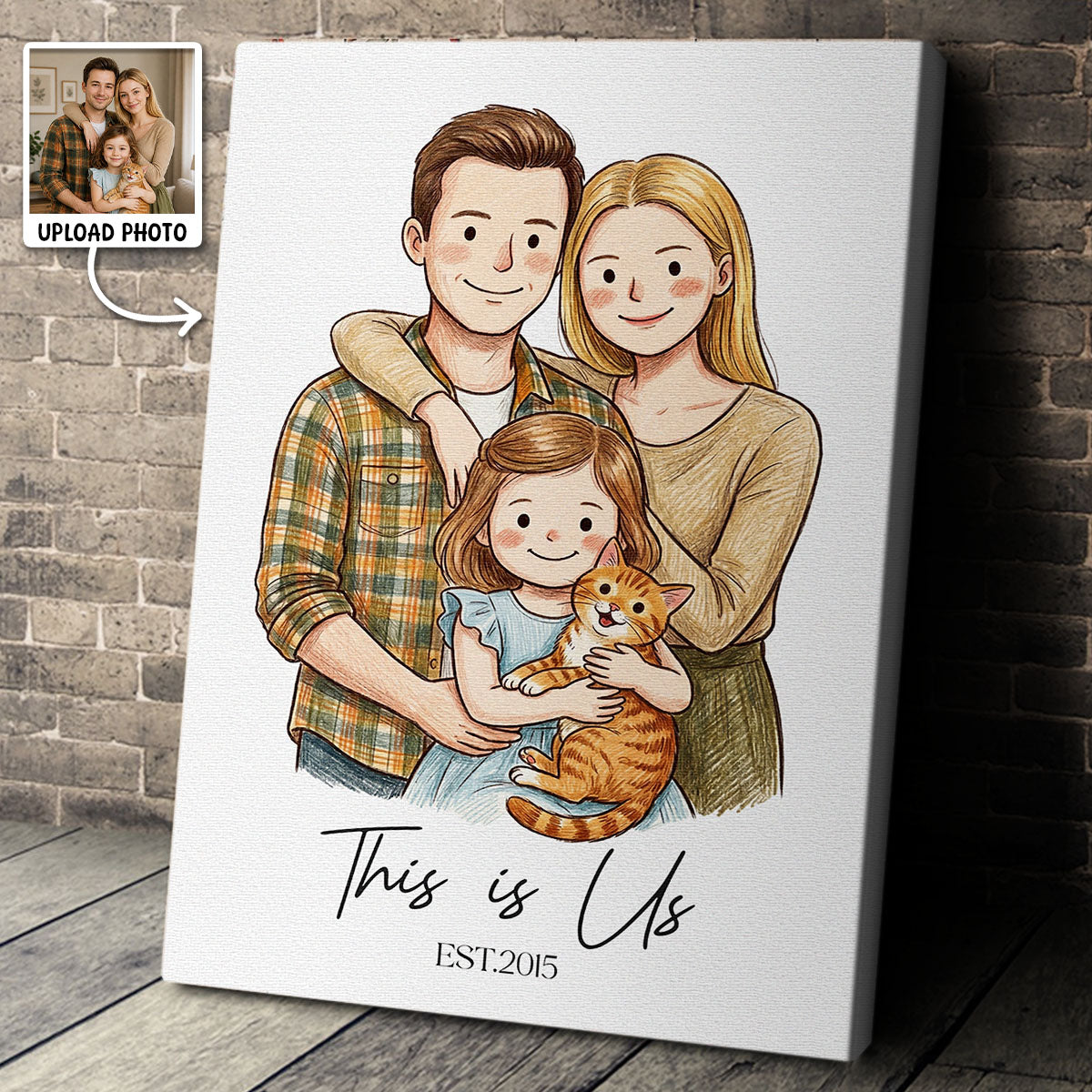 Custom Illustration Family Portrait with Pet - Personalized Customized Canvas - Special Gift For Family, Couple, Pet Lovers