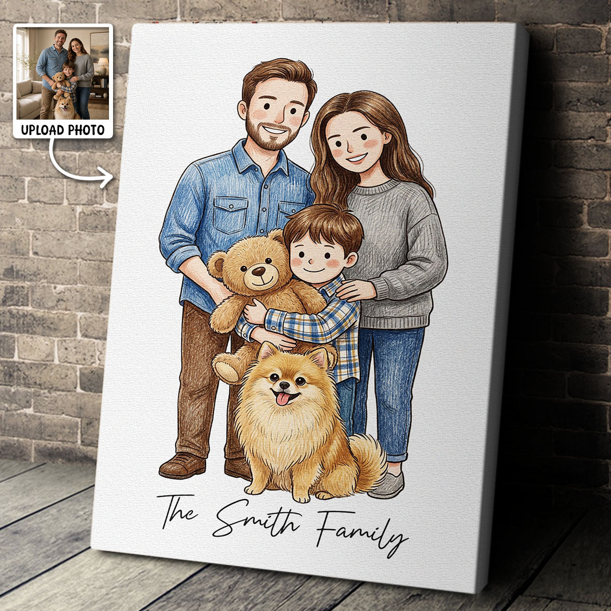 Custom Illustration Family Portrait with Pet - Personalized Customized Canvas - Special Gift For Family, Couple, Pet Lovers
