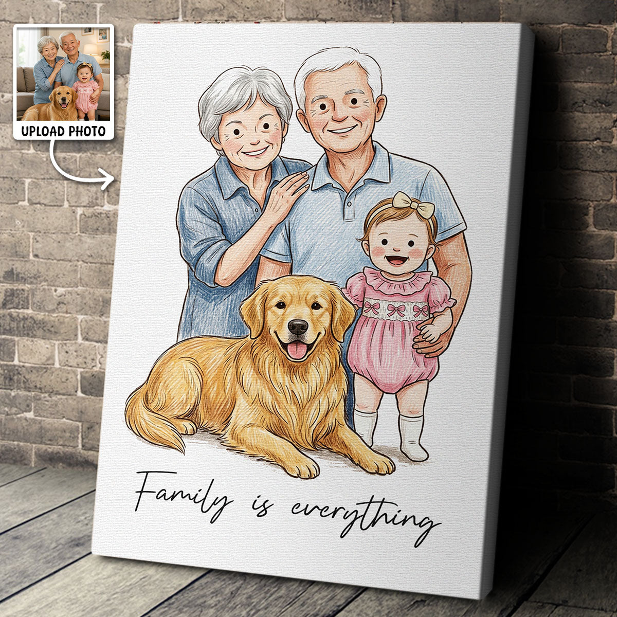 Custom Illustration Family Portrait with Pet - Personalized Customized Canvas - Special Gift For Family, Couple, Pet Lovers