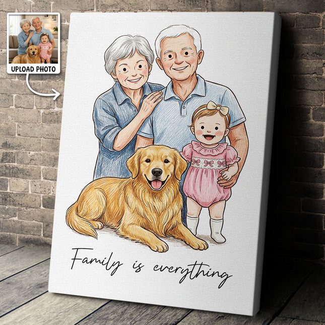 Custom Illustration Family Portrait with Pet - Personalized Customized Canvas - Special Gift For Family, Couple, Pet Lovers