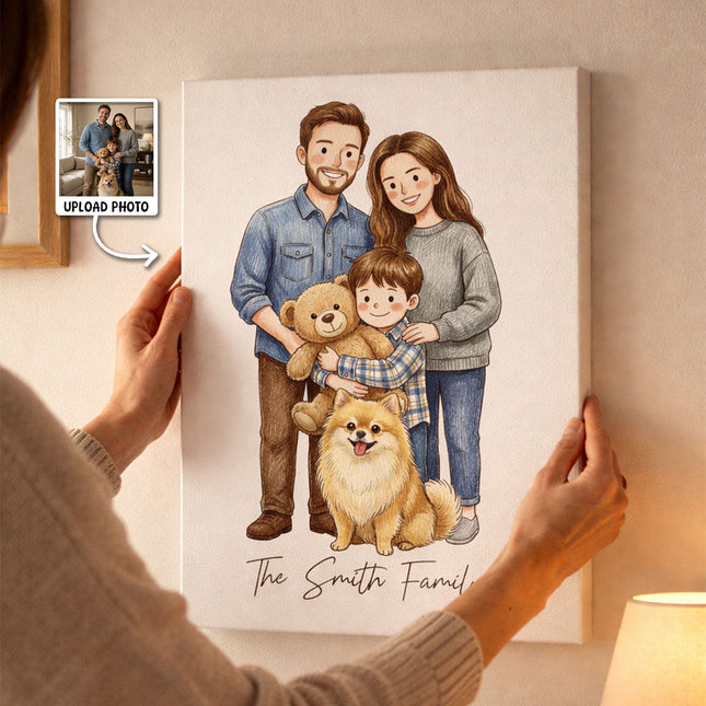 Custom Illustration Family Portrait with Pet - Personalized Customized Canvas - Special Gift For Family, Couple, Pet Lovers