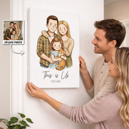 Custom Illustration Family Portrait with Pet - Personalized Customized Canvas - Special Gift For Family, Couple, Pet Lovers