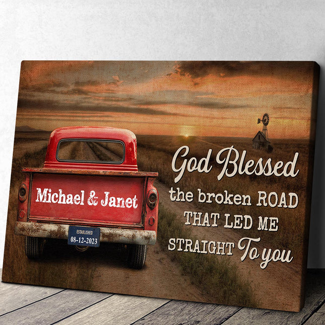 Sunset God Blessed The Broken Road - Personalized Customized Canvas - Gift For Couple Husband Wife