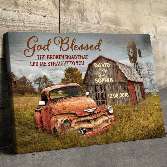 God Blessed The Broken Road Vintage Barn & Truck Canvas - Perfect Gift For Couple Husband Wife