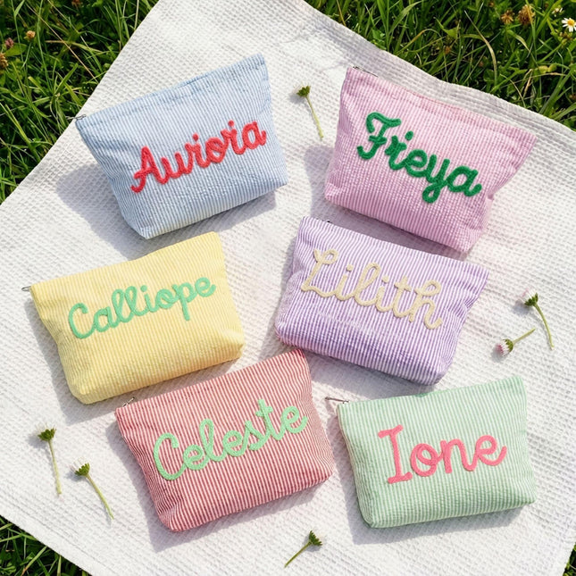 Personalized Name Seersucker Makeup Bag - Gift For Mom, Girlfriend, Women, Summer Gift