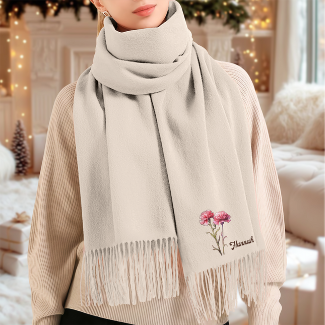 Personalised Name Birth Flower Soft Warm Tassel Scarf, Winter Accessory Anniversary Birthday