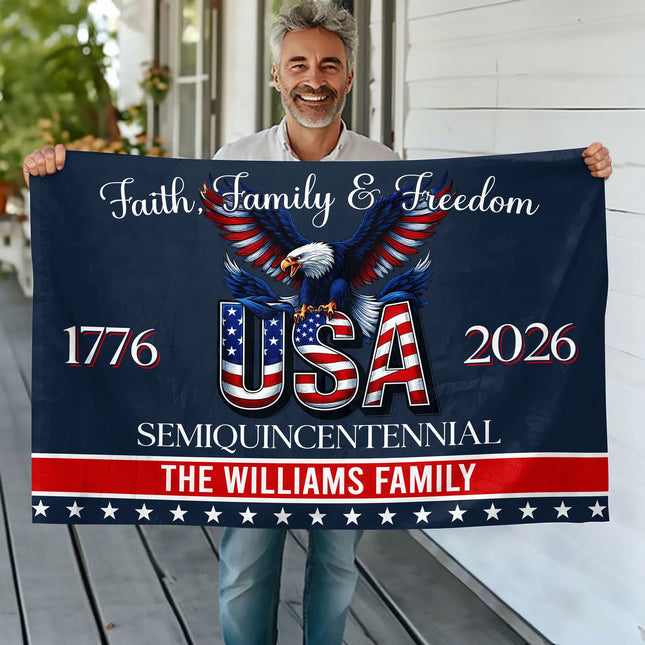 Custom Family Name Faith, Family & Freedom 250 Years of America Patriotic Banner House Flag