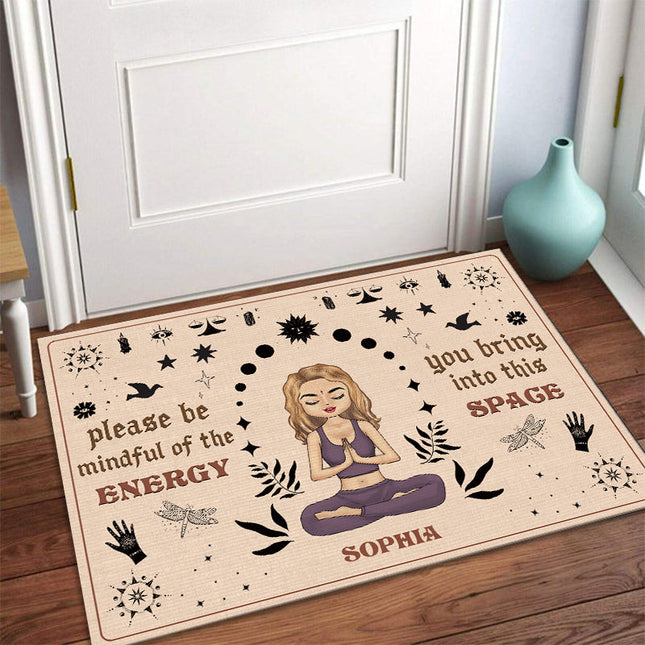 Please Be Mindful Of The Energy - Personalized Doormat - Birthday Gift For Yoga Lovers