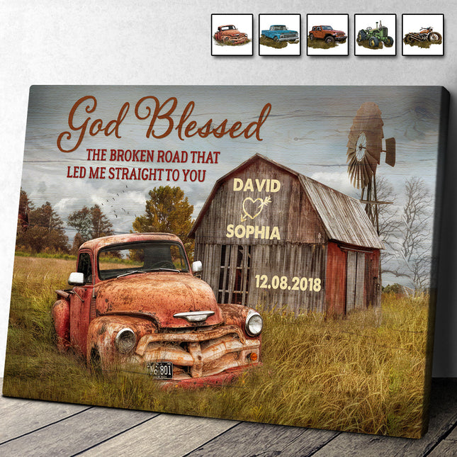 God Blessed The Broken Road Vintage Barn & Truck Canvas - Perfect Gift For Couple Husband Wife