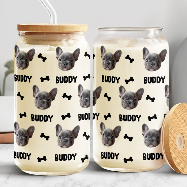 Custom Dog Cat Photo With Bone Icon For Pet Lover Glass Can With Lid