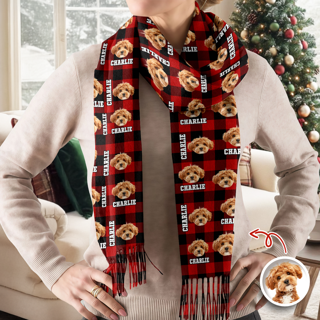 Custom Photo Name Dog Cat Men And Women's Wool Scarf Christmas Gift For Pet Lovers