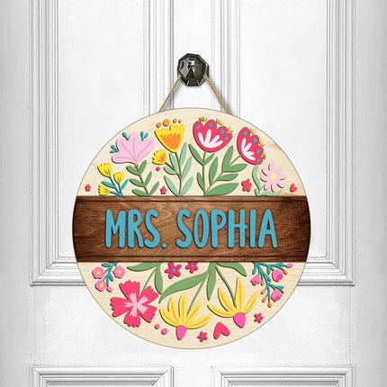 Custom Teacher Name With Floral Layer Doorsign, Back To School Gift