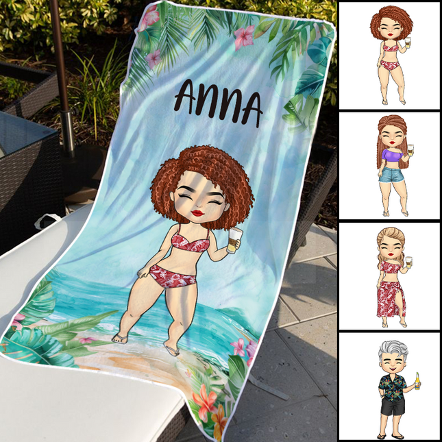 Chibi Lady Summer Vibe Gift For Bestie, Best Friend Personalized Custom Beach Towel