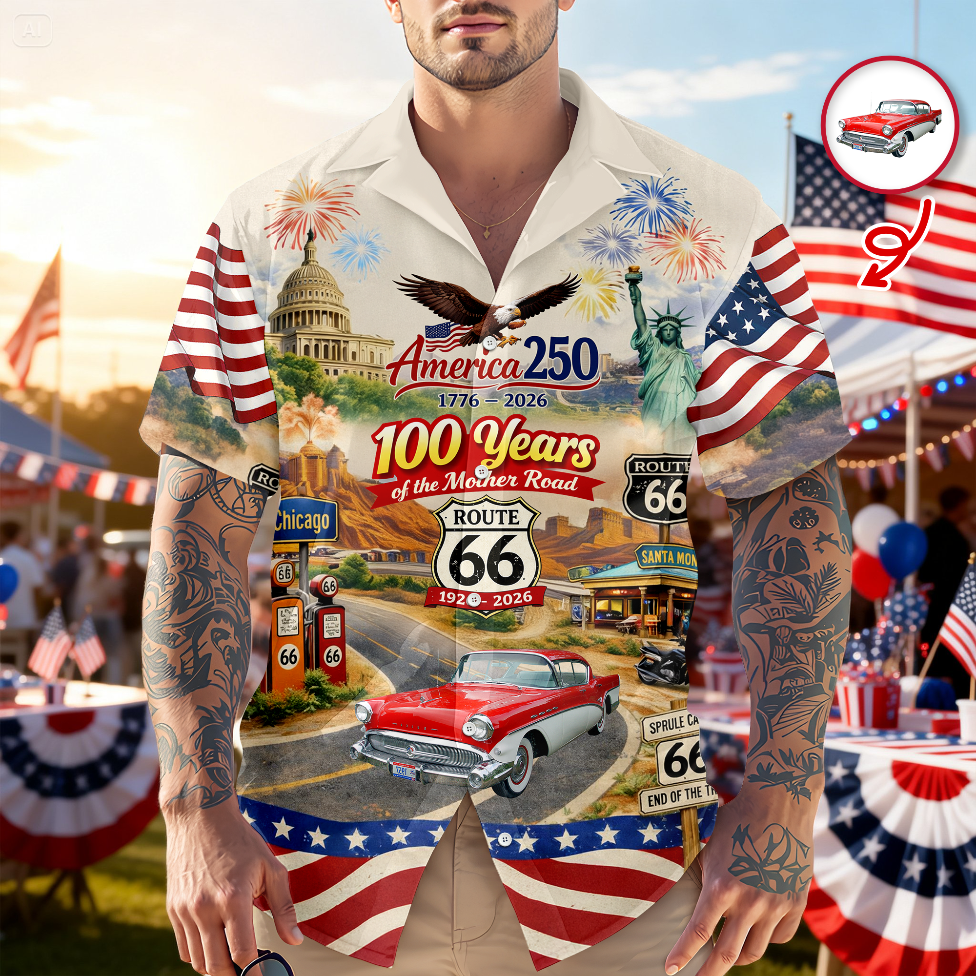 Celebrate 100 Years of Road Route 66 and America 250th Anniversary Custom Car Photo Hawaiian Shirt