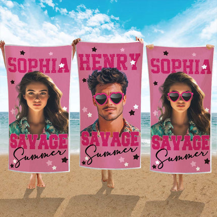 Custom Photo Savage Summer - Personalized Customized Beach Towel - Gift For Besties, BFF, Couple