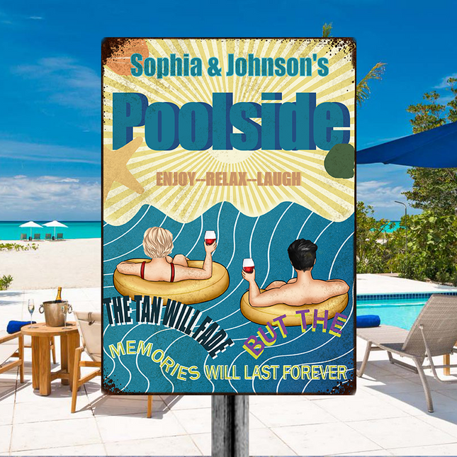 Poolside Enjoy Relax - Personalized Metal Sign - Swimming Pool Decor Gift For Family, Couple, Husband & Wife, Lover