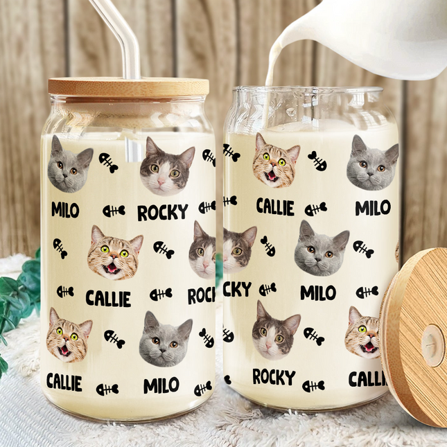 Custom Dog Cat Photo With Bone Icon For Pet Lover Glass Can With Lid