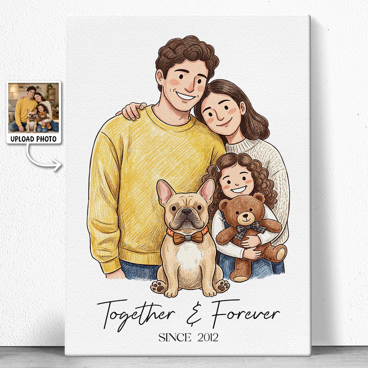 Custom Illustration Family Portrait with Pet - Personalized Customized Canvas - Special Gift For Family, Couple, Pet Lovers