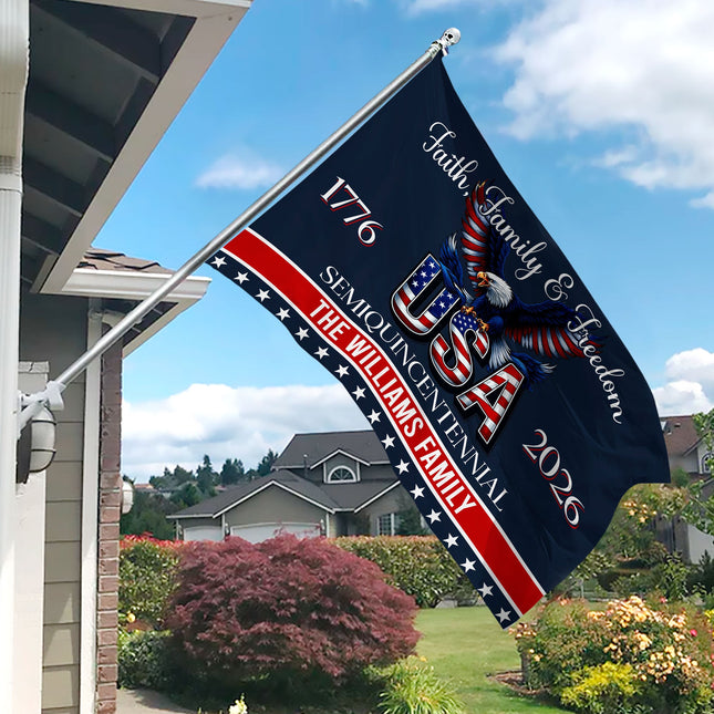 Custom Family Name Faith, Family & Freedom 250 Years of America Patriotic Banner House Flag