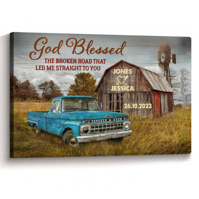God Blessed The Broken Road Vintage Barn & Truck Canvas - Perfect Gift For Couple Husband Wife