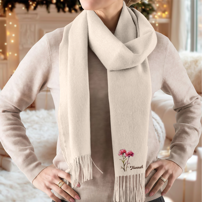 Personalised Name Birth Flower Soft Warm Tassel Scarf, Winter Accessory Anniversary Birthday