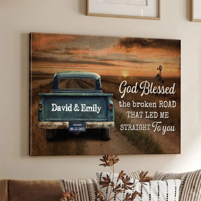 Sunset God Blessed The Broken Road - Personalized Customized Canvas - Gift For Couple Husband Wife
