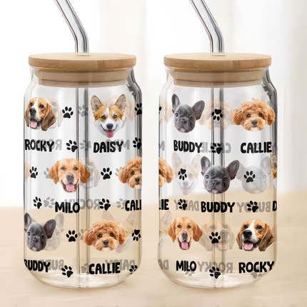 Custom Dog Cat Photo With Bone Icon For Pet Lover Glass Can With Lid