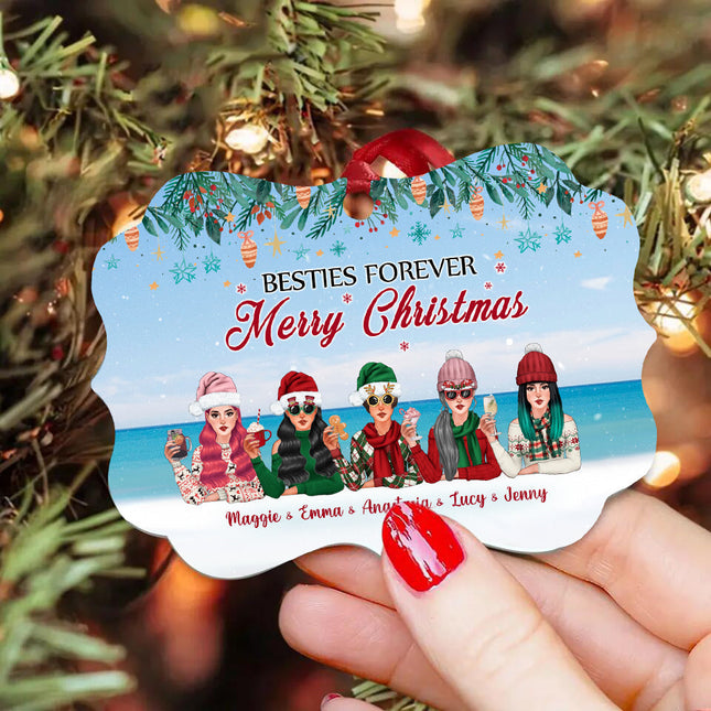Besties Forever Merry Christmas - Personalized Aluminum Ornament, Christmas Gift For Sisters, Best Friends, Besties