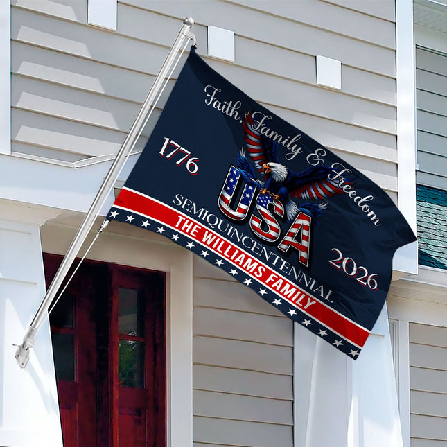 Custom Family Name Faith, Family & Freedom 250 Years of America Patriotic Banner House Flag
