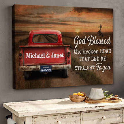Sunset God Blessed The Broken Road - Personalized Customized Canvas - Gift For Couple Husband Wife