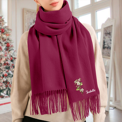 Personalised Name Birth Flower Soft Warm Tassel Scarf, Winter Accessory Anniversary Birthday