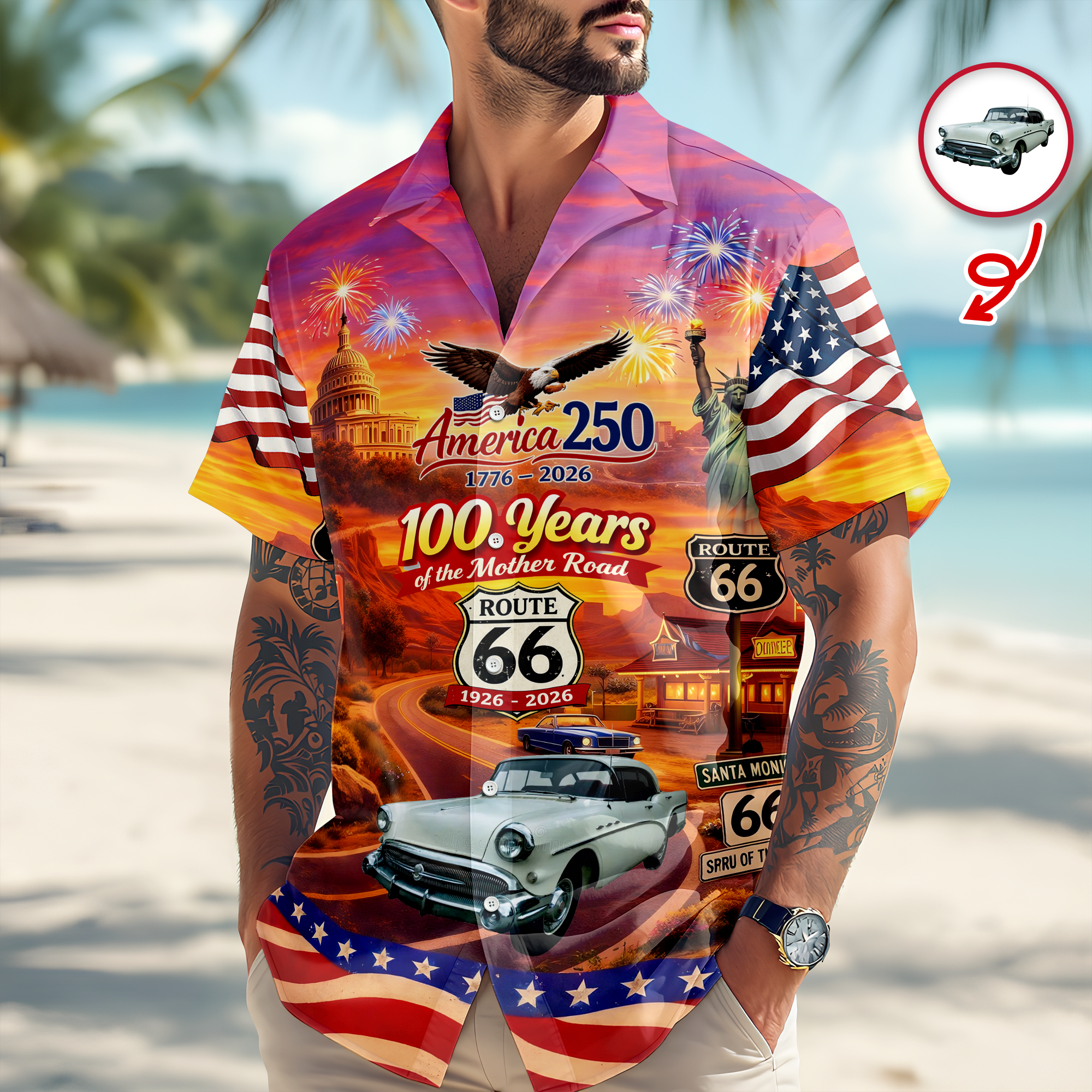 Celebrate 100 Years of Road Route 66 and America 250th Anniversary Custom Car Photo Hawaiian Shirt