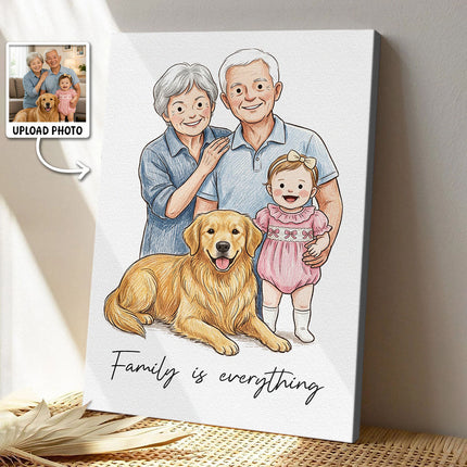 Custom Illustration Family Portrait with Pet - Personalized Customized Canvas - Special Gift For Family, Couple, Pet Lovers