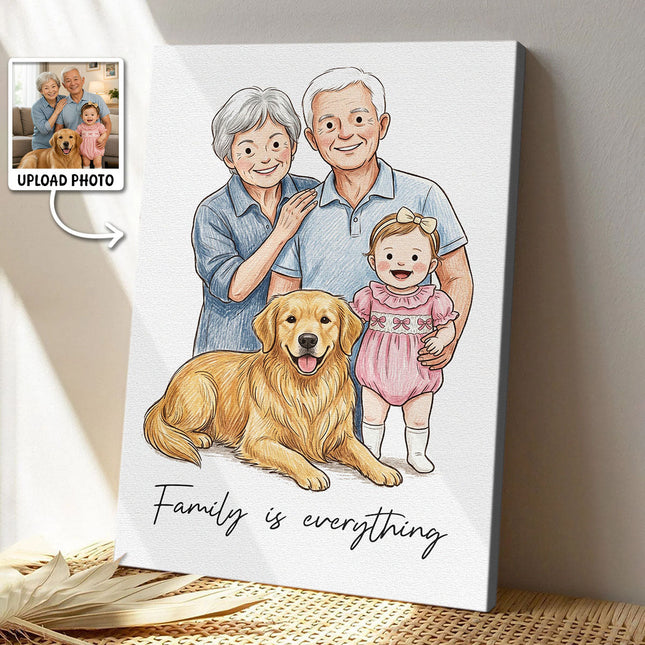 Custom Illustration Family Portrait with Pet - Personalized Customized Canvas - Special Gift For Family, Couple, Pet Lovers