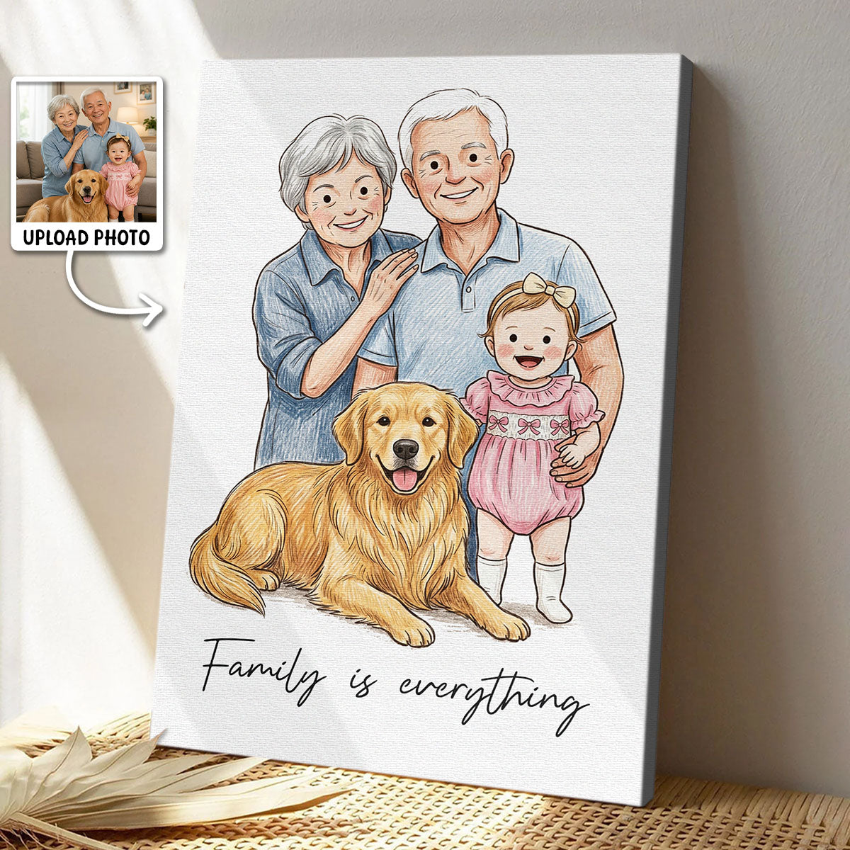 Custom Illustration Family Portrait with Pet - Personalized Customized Canvas - Special Gift For Family, Couple, Pet Lovers