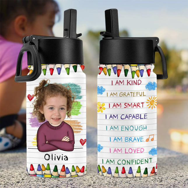 Personalized Back To School I Am Kind Kids Water Bottle With Straw