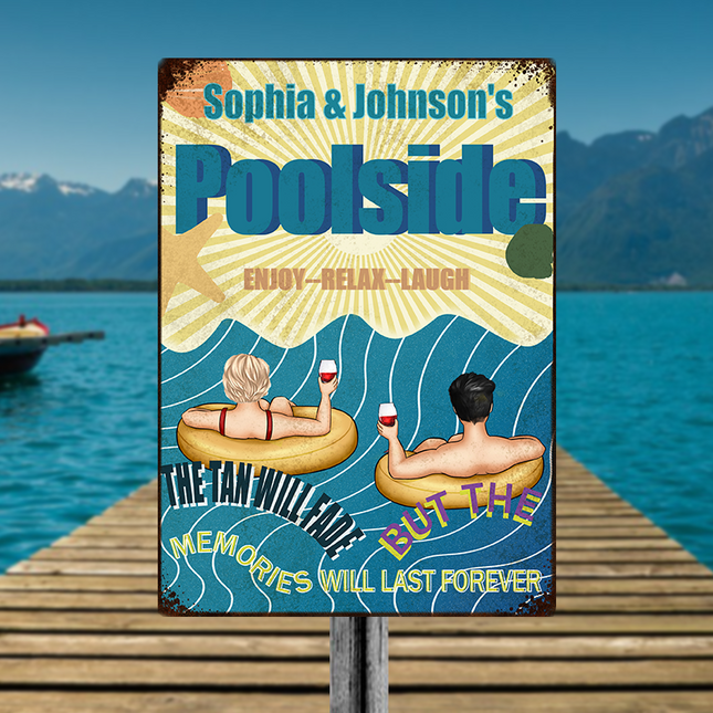Poolside Enjoy Relax - Personalized Metal Sign - Swimming Pool Decor Gift For Family, Couple, Husband & Wife, Lover