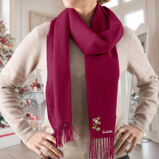Personalised Name Birth Flower Soft Warm Tassel Scarf, Winter Accessory Anniversary Birthday