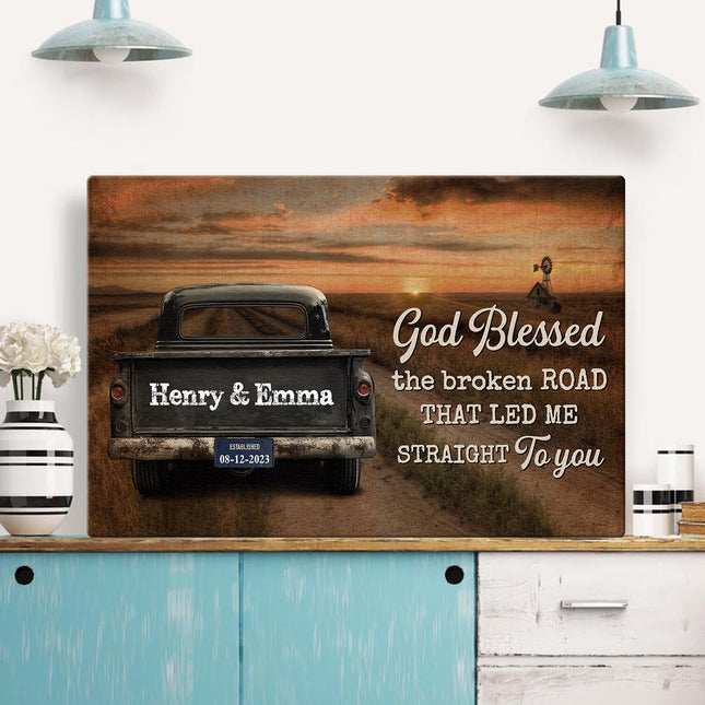 Sunset God Blessed The Broken Road - Personalized Customized Canvas - Gift For Couple Husband Wife