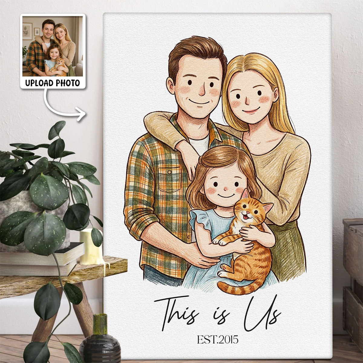 Custom Illustration Family Portrait with Pet - Personalized Customized Canvas - Special Gift For Family, Couple, Pet Lovers
