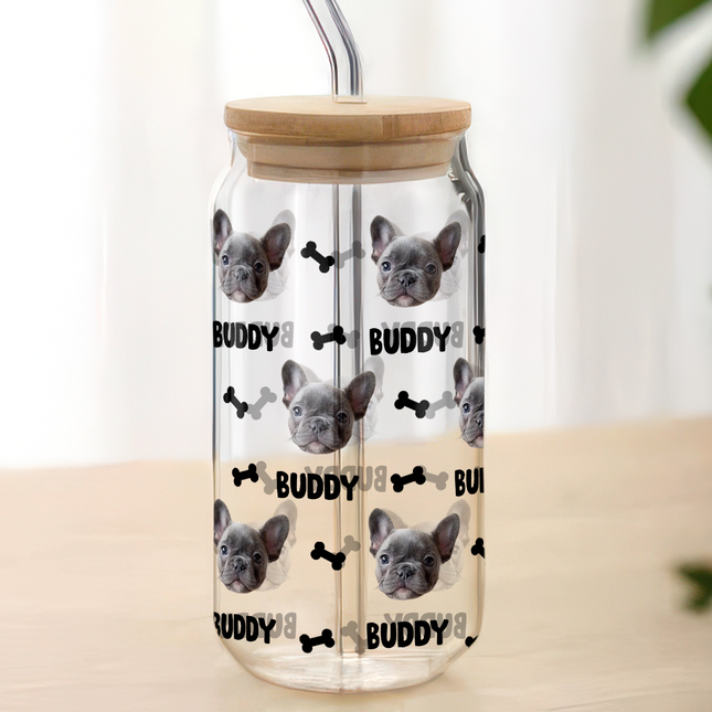 Custom Dog Cat Photo With Bone Icon For Pet Lover Glass Can With Lid