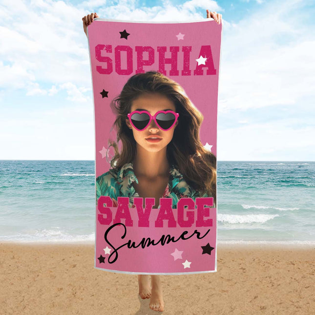 Custom Photo Savage Summer - Personalized Customized Beach Towel - Gift For Besties, BFF, Couple