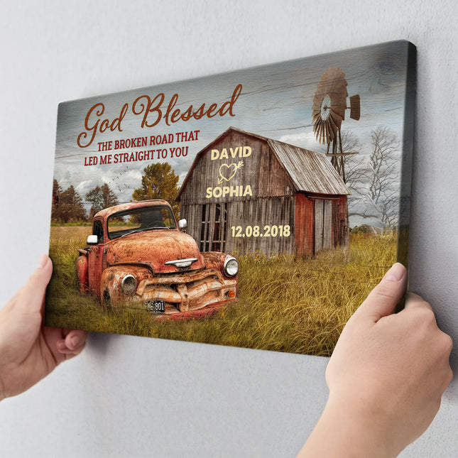 God Blessed The Broken Road Vintage Barn & Truck Canvas - Perfect Gift For Couple Husband Wife