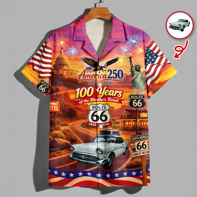 Celebrate 100 Years of Road Route 66 and America 250th Anniversary Custom Car Photo Hawaiian Shirt