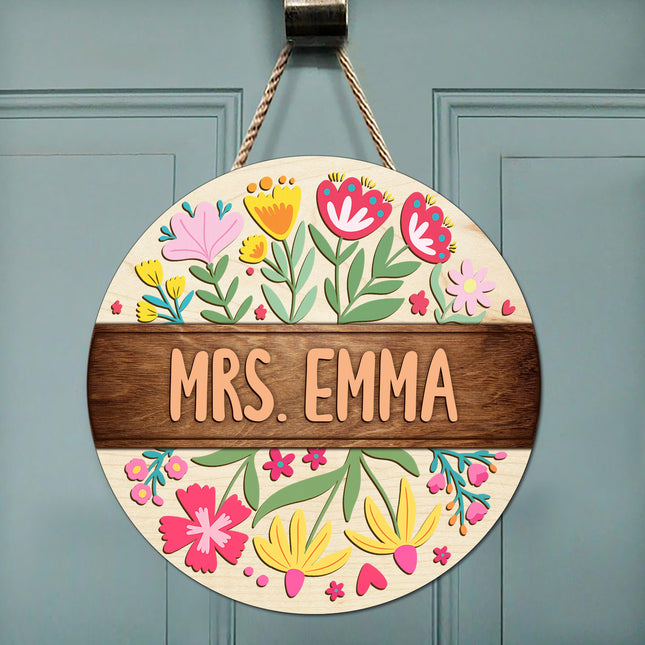 Custom Teacher Name With Floral Layer Doorsign, Back To School Gift