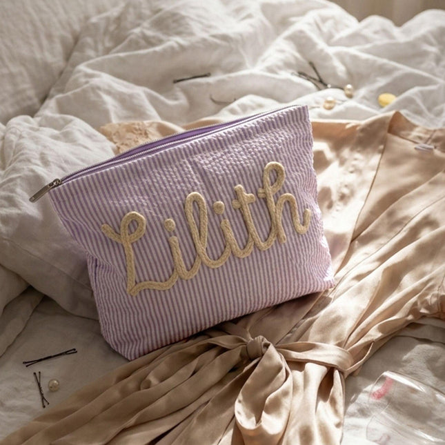 Personalized Name Seersucker Makeup Bag - Gift For Mom, Girlfriend, Women, Summer Gift