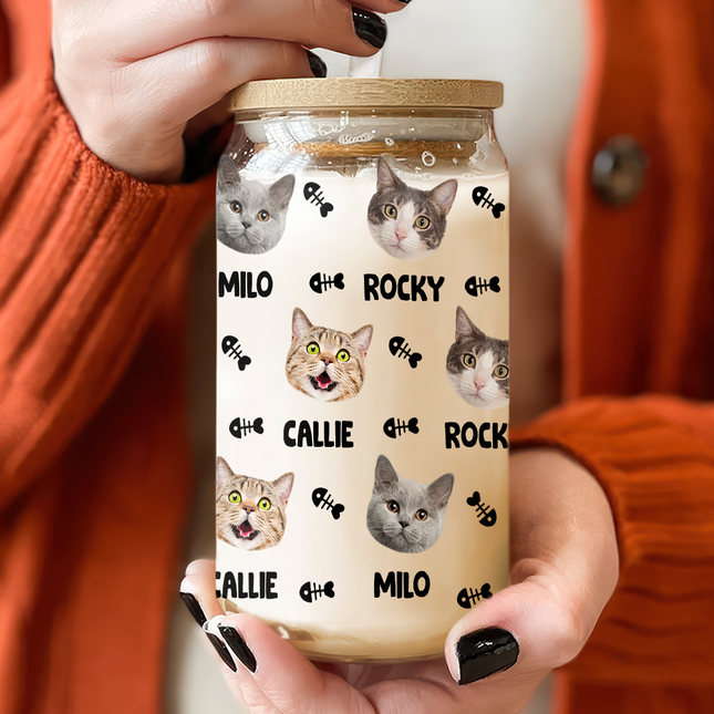 Custom Dog Cat Photo With Bone Icon For Pet Lover Glass Can With Lid
