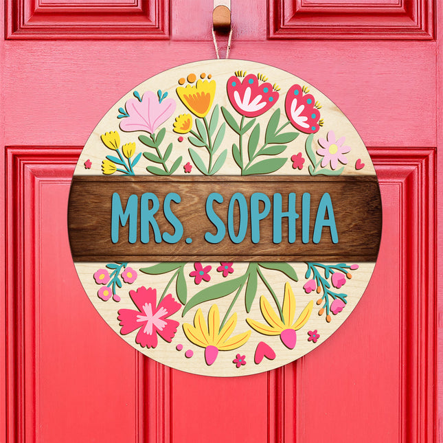Custom Teacher Name With Floral Layer Doorsign, Back To School Gift