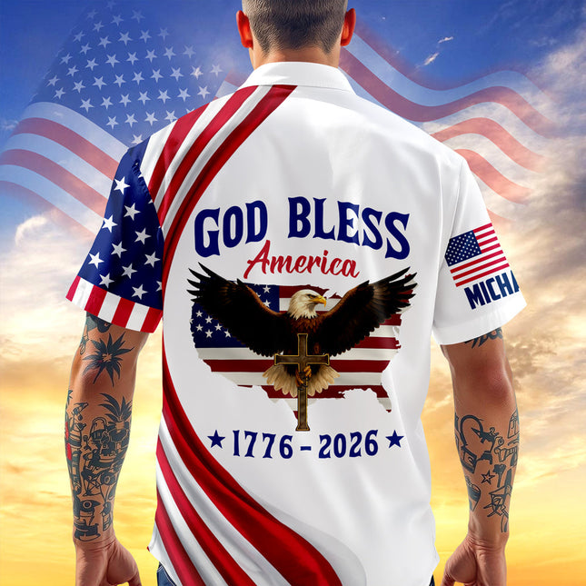 Personalized Patriotic 250th Anniversary God Bless America Eagle 1776–2026 Hawaiian Shirt