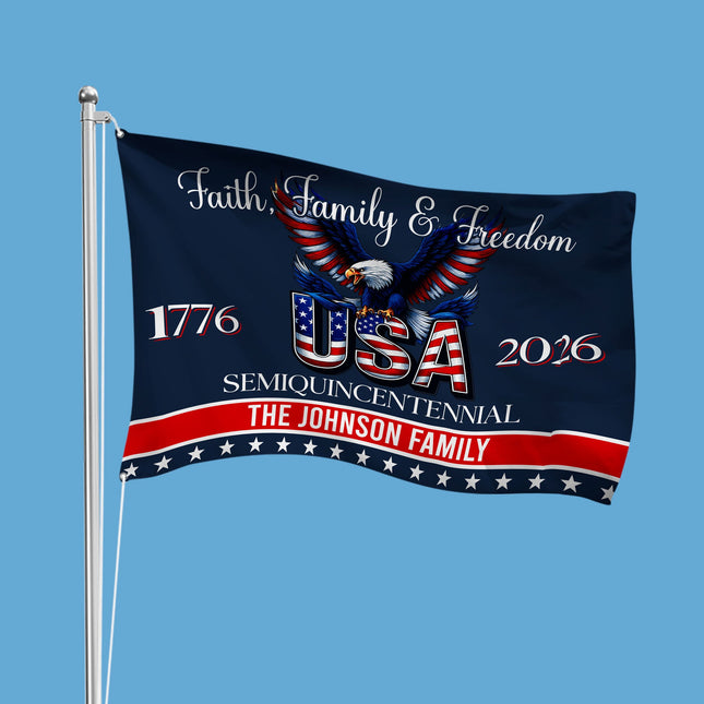 Custom Family Name Faith, Family & Freedom 250 Years of America Patriotic Banner House Flag
